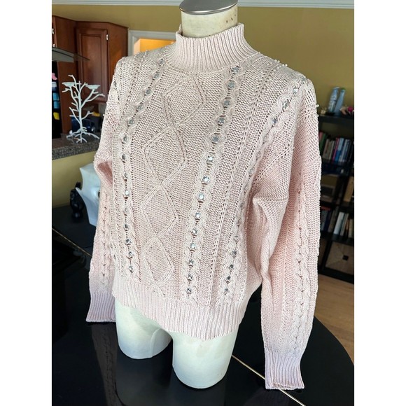 VTG 1980 Blush Ballet Pink Pearl Rhinestone Embellished Cotton Cableknit Sweater - Picture 1 of 12